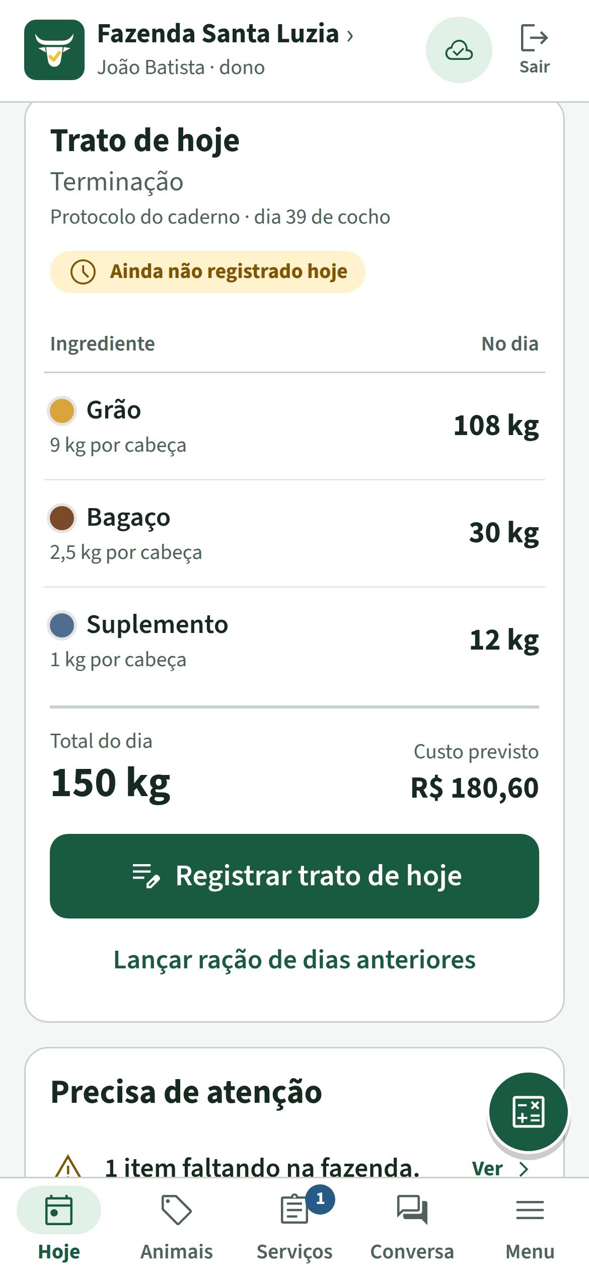 Tela do trato do dia no celular: quanto servir de grão, bagaço e suplemento e o custo previsto